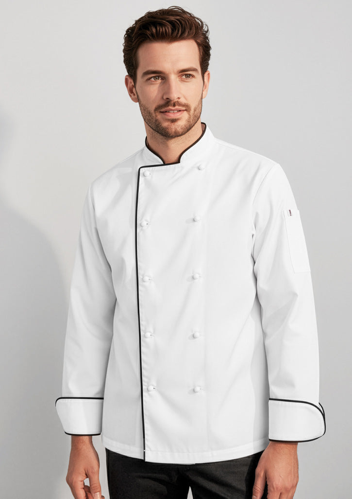 Mens Al Dente Long Sleeve Chef Jacket ||SRC=https://cdn.fashionbizapps.nz/honeybee/images/CH230ML_Talent_White_Black_01_GEPjWAN.jpg