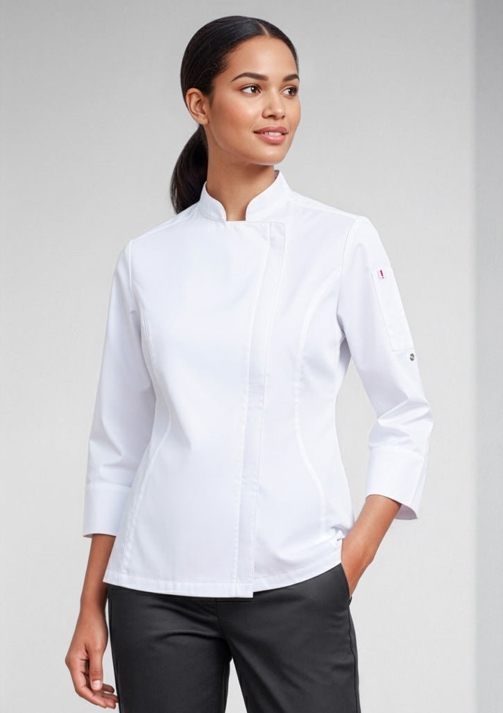 Womens Alfresco Long Sleeve Chef Jacket ||SRC=https://cdn.fashionbizapps.nz/honeybee/images/CH330LL_Talent_White_01_Zrkpswt.jpg