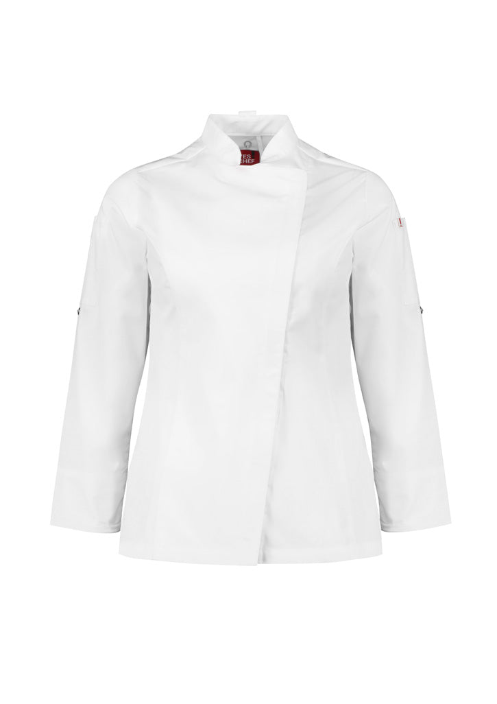 Womens Alfresco Long Sleeve Chef Jacket - White ||SRC=https://cdn.fashionbizapps.nz/honeybee/images/CH330LL_bProduct_White_01_rlsbpar.jpg