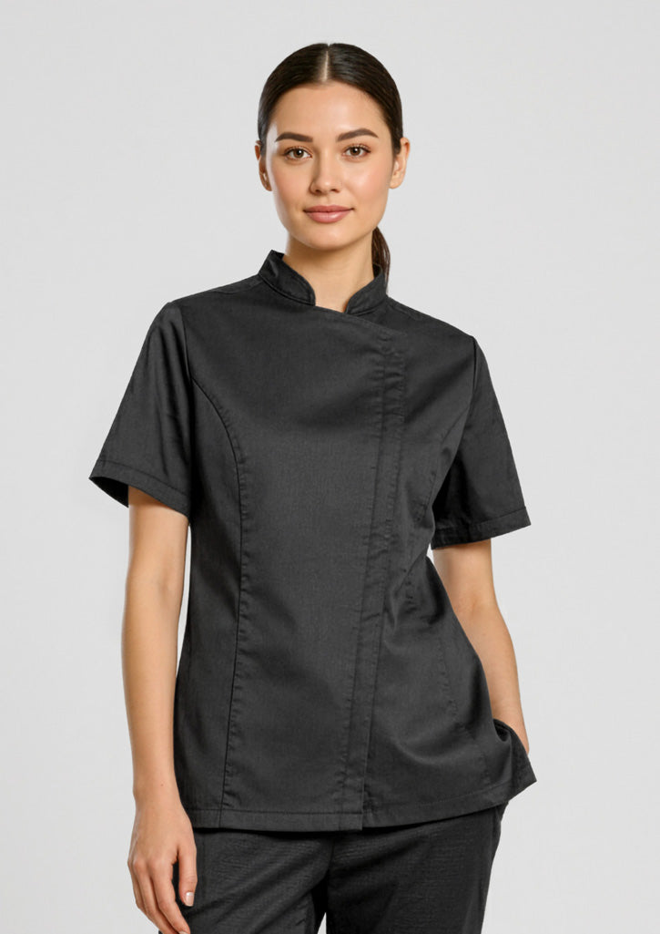Womens Alfresco Short Sleeve Chef Jacket ||SRC=https://cdn.fashionbizapps.nz/honeybee/images/CH330LS_Talent_Black_01_mwVaMG6.jpg