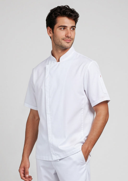 Mens Alfresco Short Sleeve Chef Jacket ||SRC=https://cdn.fashionbizapps.nz/honeybee/images/CH330MS_Talent_White_01_zCrPkqn.jpg
