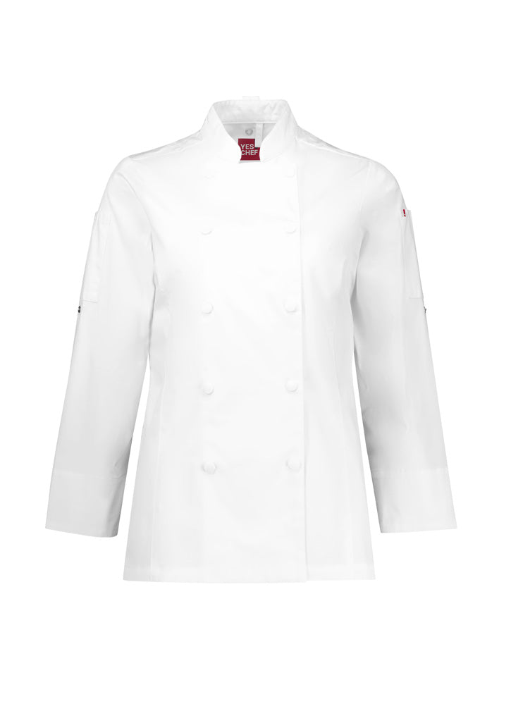 Womens Gusto Long Sleeve Chef Jacket - White ||SRC=https://cdn.fashionbizapps.nz/honeybee/images/CH430LL_Product_White_01.jpg