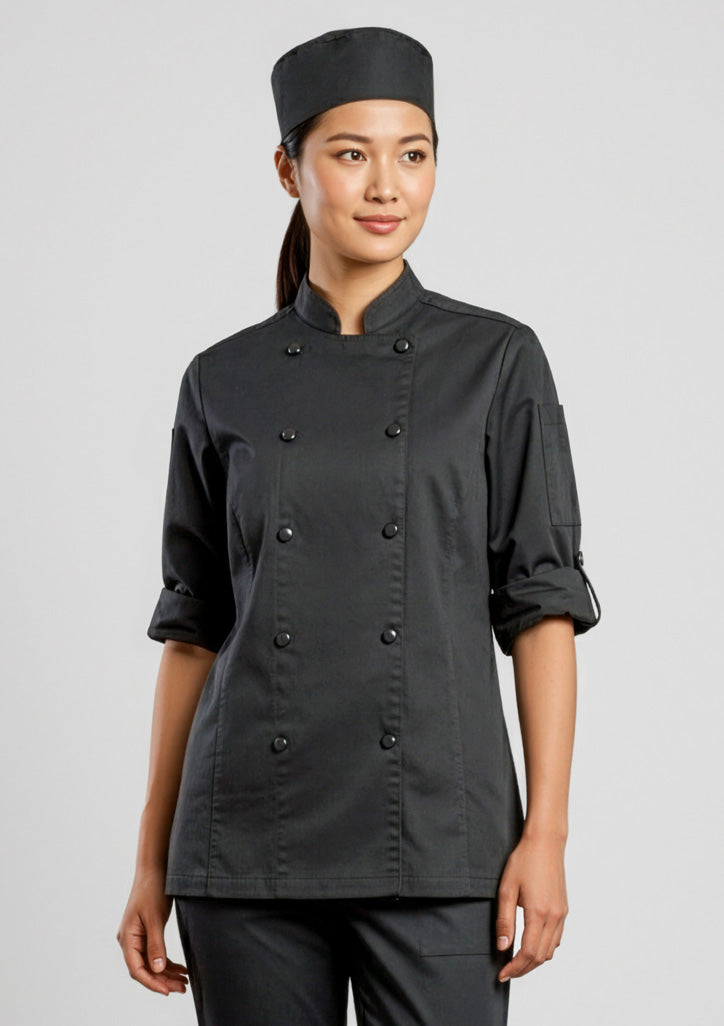 Womens Gusto Long Sleeve Chef Jacket ||SRC=https://cdn.fashionbizapps.nz/honeybee/images/CH430LL_Talent_Black_01_cAbSn4g.jpg