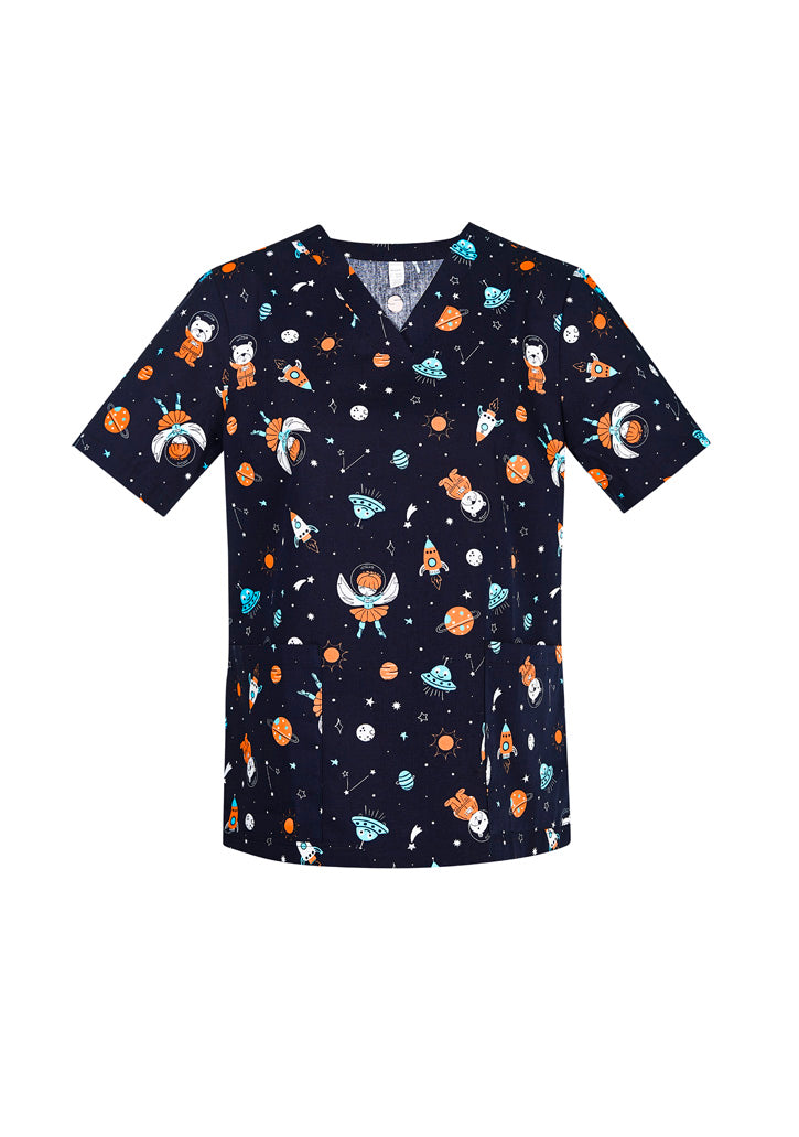 Womens Printed Space Party Scrub Top - Midnight Navy ||SRC=https://cdn.fashionbizapps.nz/honeybee/images/CST148LS_bProduct_MidnightNavy_01_PHZSsfr.jpg