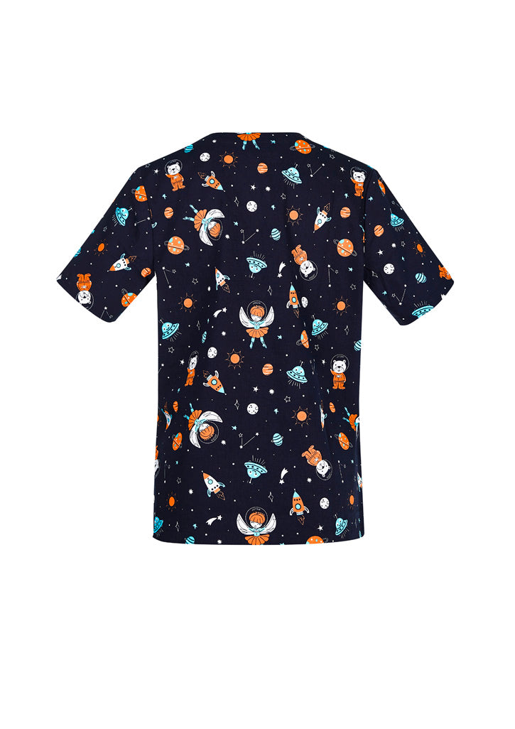 Womens Printed Space Party Scrub Top - Midnight Navy ||SRC=https://cdn.fashionbizapps.nz/honeybee/images/CST148LS_bProduct_MidnightNavy_02_bW3LSig.jpg