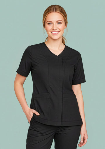 Womens Parks Zip Front Crossover Scrub Top ||SRC=https://cdn.fashionbizapps.nz/honeybee/images/CST240LS_Talent_Black_01.jpg