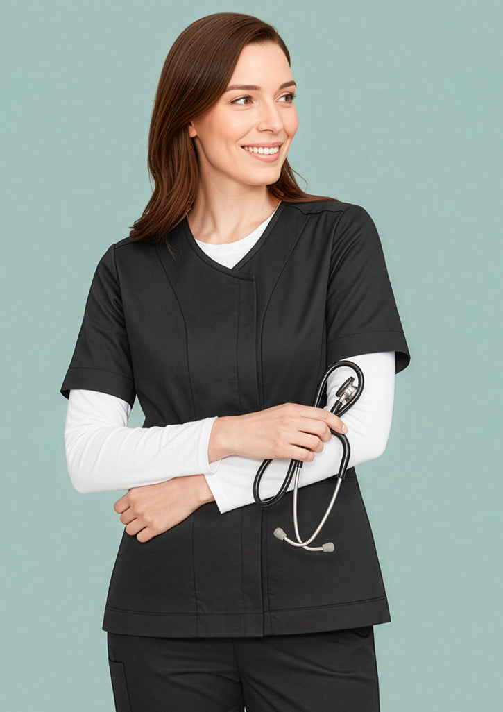 Womens Parks Zip Front Crossover Scrub Top ||SRC=https://cdn.fashionbizapps.nz/honeybee/images/CST240LS_Talent_Black_02.jpg