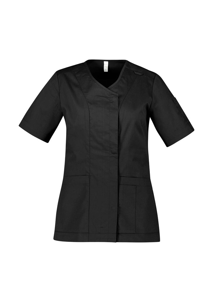 Womens Parks Zip Front Crossover Scrub Top - Black ||SRC=https://cdn.fashionbizapps.nz/honeybee/images/CST240LS_bProduct_Black_01_PH9u4OW.jpg