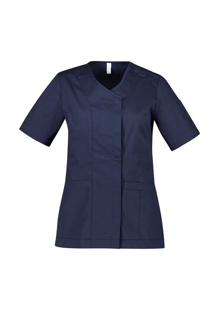Womens Parks Zip Front Crossover Scrub Top - Midnight Navy ||SRC=https://cdn.fashionbizapps.nz/honeybee/images/CST240LS_bProduct_MidnightNavy_01_onu1C0r.jpg