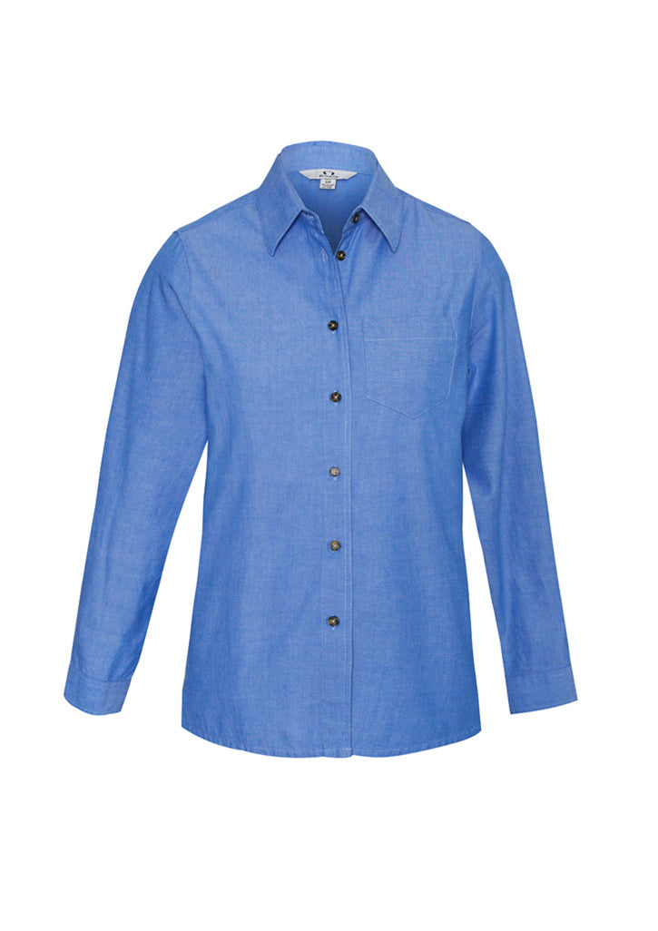 Womens Chambray Long Sleeve Shirt - Chambray Blue ||SRC=https://cdn.fashionbizapps.nz/honeybee/images/LB6201_bProduct_ChambrayBlue_01_bcWsJ2H.jpg