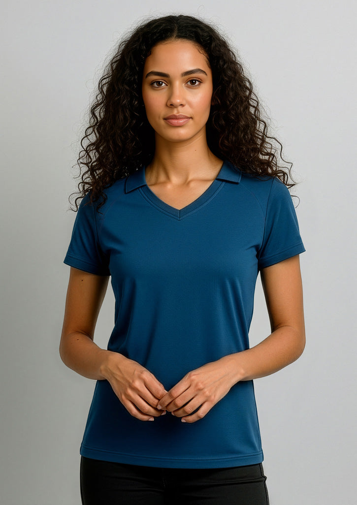 Womens Byron Short Sleeve Polo ||SRC=https://cdn.fashionbizapps.nz/honeybee/images/P011LS_Talent_SteelBlue_01_R_xXFitjy.jpg