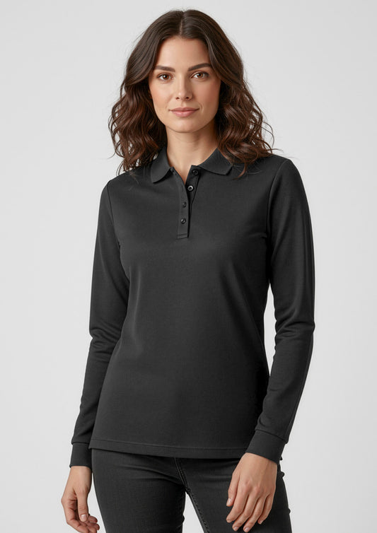 Womens Action Long Sleeve Polo ||SRC=https://cdn.fashionbizapps.nz/honeybee/images/P206LL_Talent_Black_01_Otd24YT.jpg