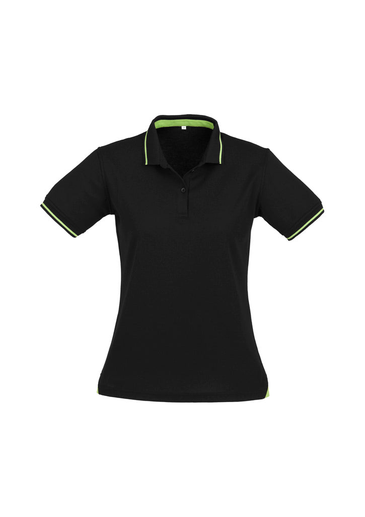 Womens Jet Short Sleeve Polo - Black/Bright Green ||SRC=https://cdn.fashionbizapps.nz/honeybee/images/P226LS_bProduct_Black_BrightGreen_01_6KRifY8.jpg