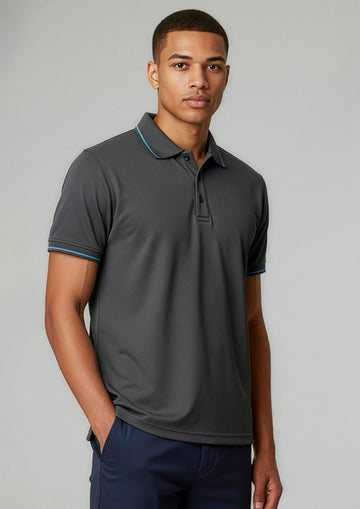 Mens Jet Short Sleeve Polo ||SRC=https://cdn.fashionbizapps.nz/honeybee/images/P226MS_Talent_SteelGrey_Cyan_01.jpg