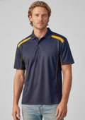 Mens United Short Sleeve Polo ||SRC=https://cdn.fashionbizapps.nz/honeybee/images/P244MS_Talent_Navy_Gold_01.jpg