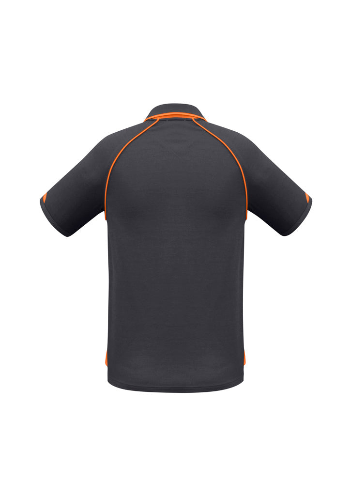 Mens Fusion Short Sleeve Polo - Grey/Fluoro Orange ||SRC=https://cdn.fashionbizapps.nz/honeybee/images/P29012_bProduct_Grey_FluoroOrange_02_Rlku9ku.jpg