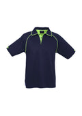 Mens Fusion Short Sleeve Polo - Navy/Fluoro Yellow/Lime ||SRC=https://cdn.fashionbizapps.nz/honeybee/images/P29012_bProduct_Navy_FluoroYellow_Lime_01_a19APFM.jpg
