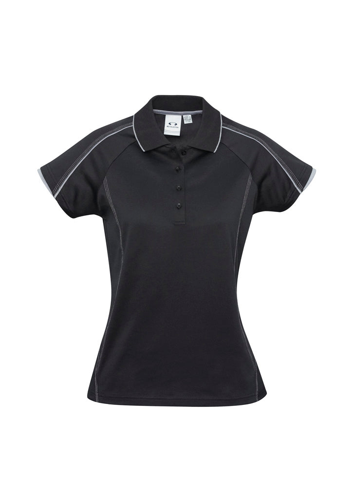 Womens Blade Short Sleeve Polo - Black/Silver Grey ||SRC=https://cdn.fashionbizapps.nz/honeybee/images/P303LS_bProduct_Black_SilverGrey_01_mlYknsG.jpg