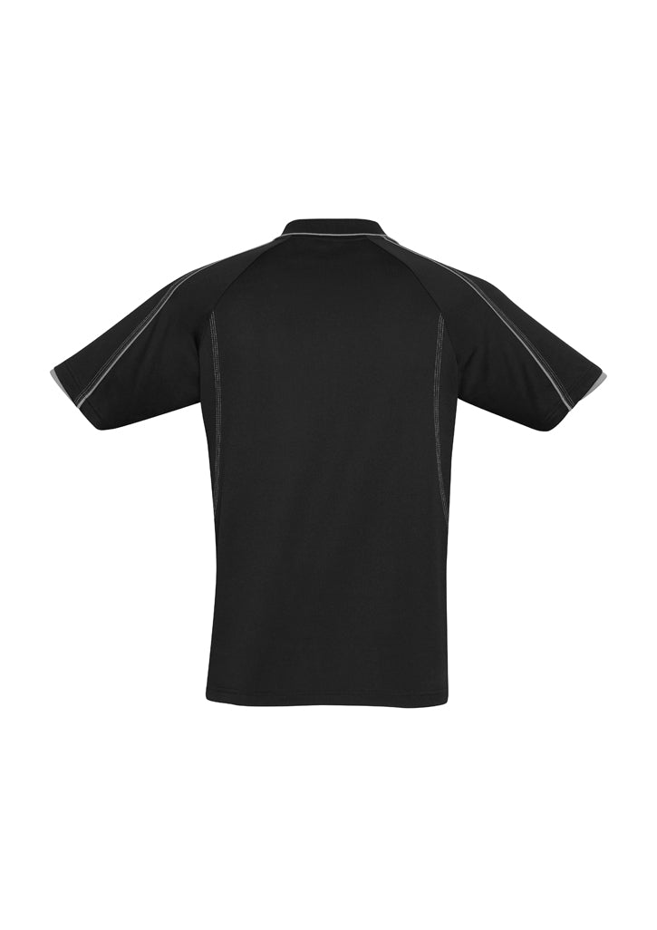 Mens Blade Short Sleeve Polo - Black/Silver Grey ||SRC=https://cdn.fashionbizapps.nz/honeybee/products/management/data/images/product/725x1026/P303MS_Black_Silver_back.jpg