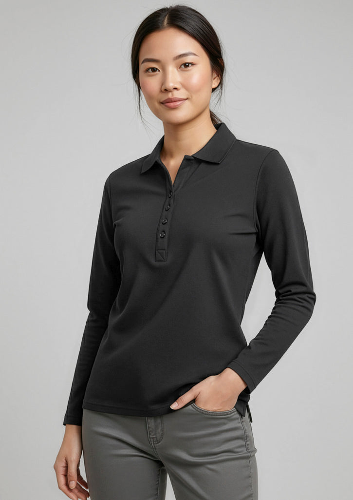 Womens Crew Long Sleeve Polo ||SRC=https://cdn.fashionbizapps.nz/honeybee/images/P400LL_Talent_Black_01.jpg