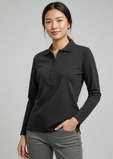 Womens Crew Long Sleeve Polo ||SRC=https://cdn.fashionbizapps.nz/honeybee/images/P400LL_Talent_Black_01.jpg