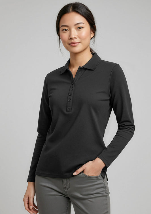 Womens Crew Long Sleeve Polo ||SRC=https://cdn.fashionbizapps.nz/honeybee/images/P400LL_Talent_Black_01.jpg