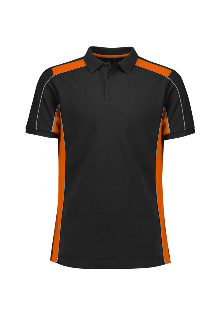 Unisex Grid Short Sleeve Polo - Black/Orange ||SRC=https://cdn.fashionbizapps.nz/honeybee/images/P413US_Product_Black_Orange_01.jpg