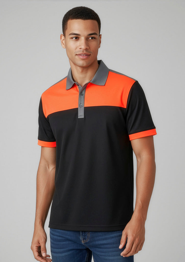 Mens Charger Short Sleeve Polo ||SRC=https://cdn.fashionbizapps.nz/honeybee/images/P500MS_Talent_Black_FluoroOrange_Grey_01.jpg