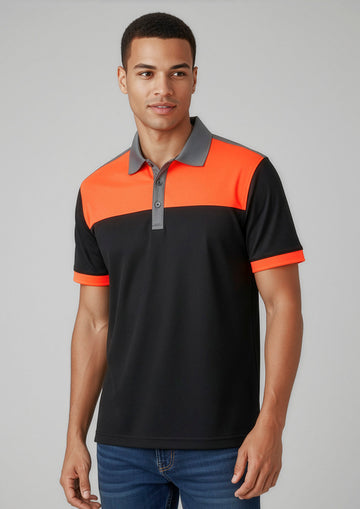 Mens Charger Short Sleeve Polo ||SRC=https://cdn.fashionbizapps.nz/honeybee/images/P500MS_Talent_Black_FluoroOrange_Grey_01.jpg