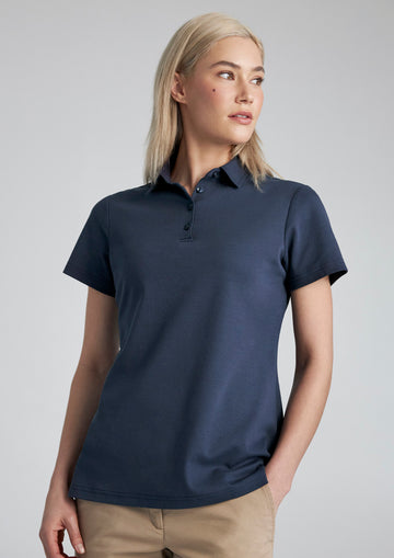 Womens Lotus Short Sleeve Polo ||SRC=https://cdn.fashionbizapps.nz/honeybee/images/P515LS_Talent_MineralBlue_01.jpg