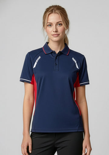 Womens Renegade Short Sleeve Polo ||SRC=https://cdn.fashionbizapps.nz/honeybee/images/P700LS_Talent_Navy_Red_Silver_01.jpg