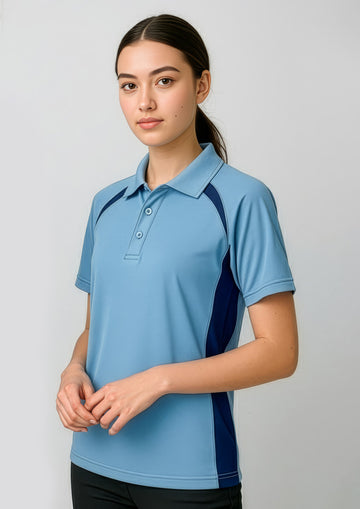 Kids Splice Short Sleeve Polo ||SRC=https://cdn.fashionbizapps.nz/honeybee/images/P7700B_Talent_SpringBlue_Navy_01.jpg