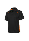 Mens Splice Short Sleeve Polo - Black/Orange ||SRC=https://cdn.fashionbizapps.nz/honeybee/images/P7700_bProduct_Black_Orange_01_H2pPeFr.jpg
