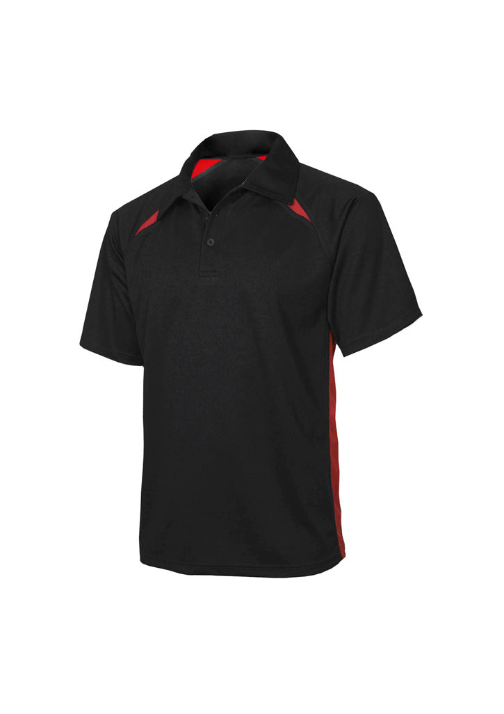 Mens Splice Short Sleeve Polo - Black/Red ||SRC=https://cdn.fashionbizapps.nz/honeybee/images/P7700_bProduct_Black_Red_01_HqGrwRG.jpg