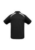 Mens Splice Short Sleeve Polo - Black/White ||SRC=https://cdn.fashionbizapps.nz/honeybee/images/P7700_bProduct_Black_White_02_z9xI19r.jpg