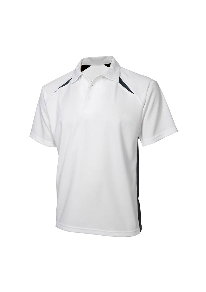 Mens Splice Short Sleeve Polo - White/Navy ||SRC=https://cdn.fashionbizapps.nz/honeybee/images/P7700_bProduct_White_Navy_01_VPp48Ww.jpg
