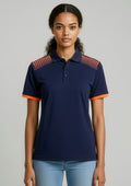 Womens Galaxy Short Sleeve Polo ||SRC=https://cdn.fashionbizapps.nz/honeybee/images/P900LS_Talent_Navy_FluoroOrange_01.jpg