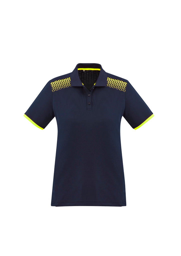 Womens Galaxy Short Sleeve Polo - Navy/Fluoro Yellow ||SRC=https://cdn.fashionbizapps.nz/honeybee/images/P900LS_bProduct_Navy_FluoroYellow_01_jrNcZ9p.jpg