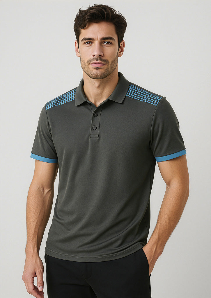 Mens Galaxy Short Sleeve Polo ||SRC=https://cdn.fashionbizapps.nz/honeybee/images/P900MS_Talent_Grey_Cyan_01_LMFtHd4.jpg