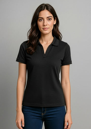 Womens Oceana Short Sleeve Polo ||SRC=https://cdn.fashionbizapps.nz/honeybee/images/P9025_Talent_Black_01_q0ugy4I.jpg
