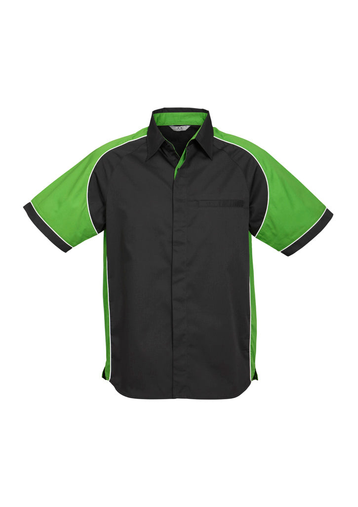 Mens Nitro Short Sleeve Shirt - Black/Green/White ||SRC=https://cdn.fashionbizapps.nz/honeybee/images/S10112_bProduct_Black_Green_White_01_HH0s0nC.jpg