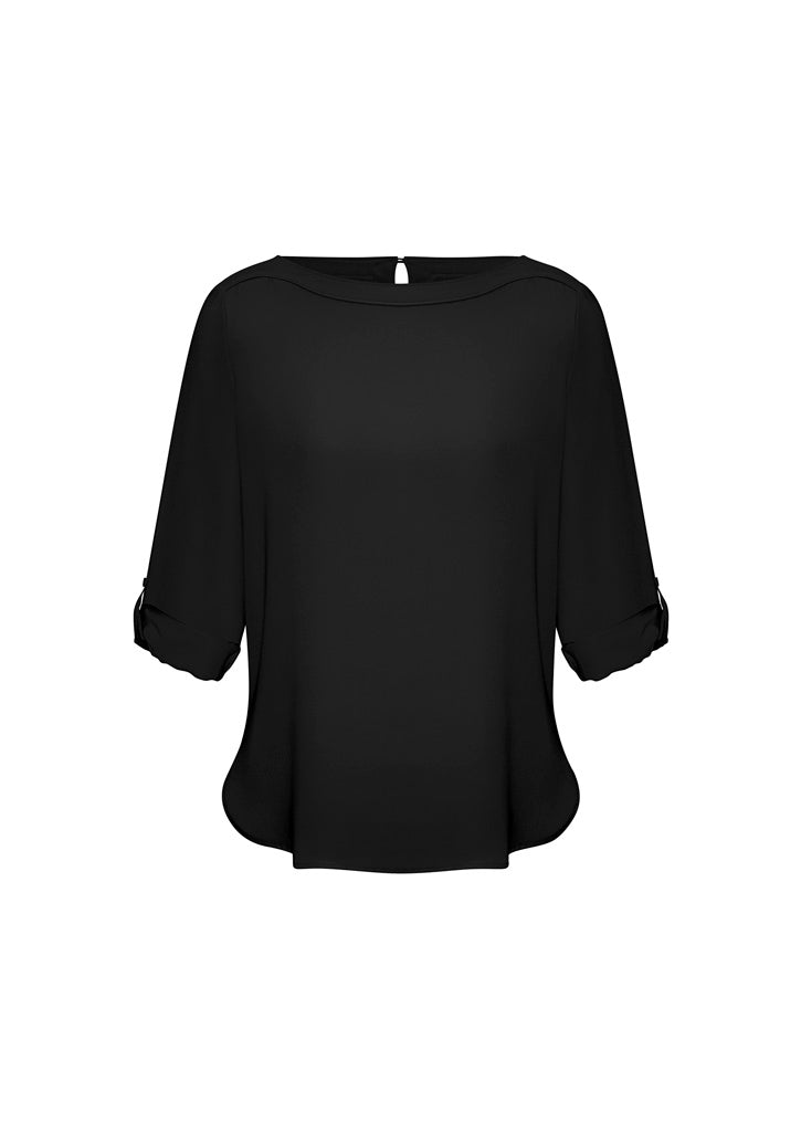 Womens Madison Boatneck Top - Black ||SRC=https://cdn.fashionbizapps.nz/honeybee/images/S828LL_bProduct_Black_F-SleevesRolledUp_XylALsd.jpg
