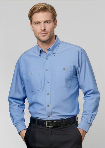 Mens Chambray Long Sleeve Shirt ||SRC=https://cdn.fashionbizapps.nz/honeybee/images/SH112_Talent_ChambrayBlue_01_v4cD1sW.jpg