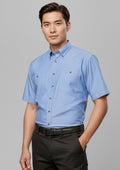 Mens Chambray Short Sleeve Shirt ||SRC=https://cdn.fashionbizapps.nz/honeybee/images/SH113_Talent_ChambrayBlue_01_EjpfqFh.jpg